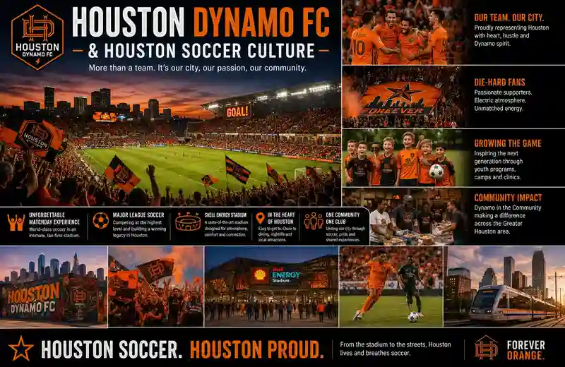 Houston Dynamo FC fans cheering inside Shell Energy Stadium during a professional soccer match with players on the field, orange team colors throughout the crowd, supporter flags, youth soccer culture, and the Houston skyline at sunset in the background.